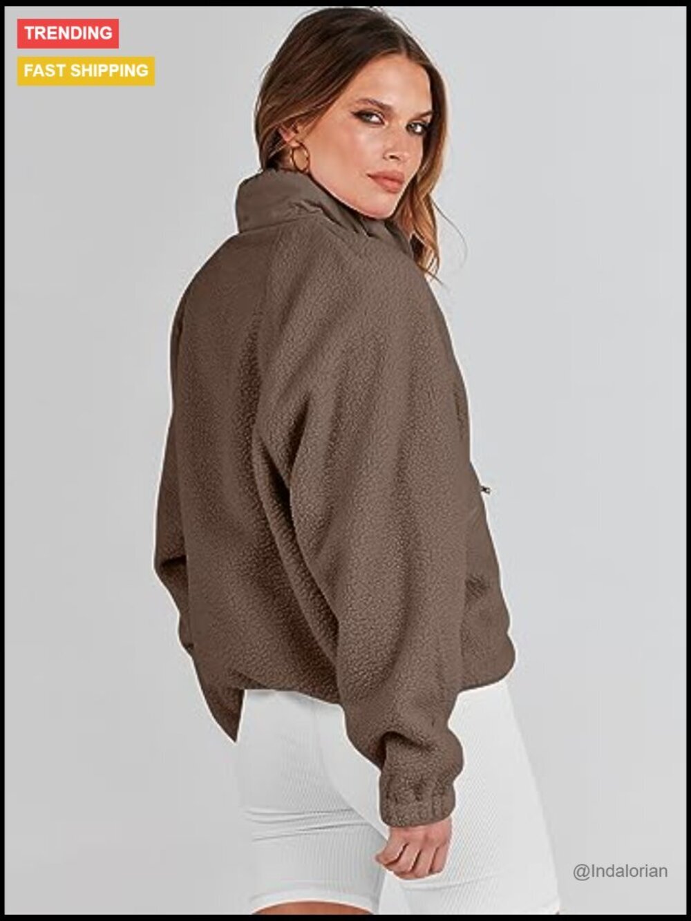 Fleece Jacket Long Sleeve Cropped Sherpa Button Down Shacket With Pockets - Picture 6 of 7